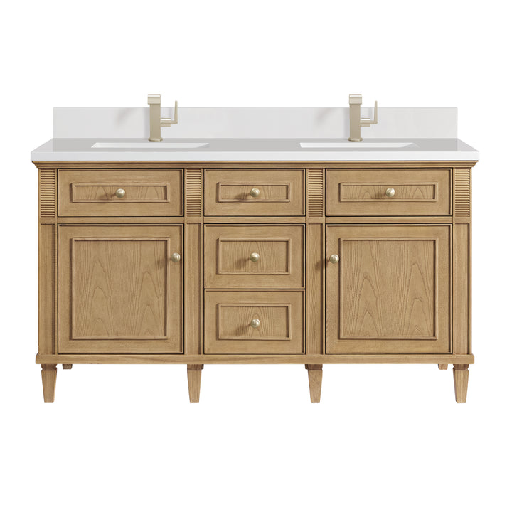 Lorelai 60" Double Vanity, Light Natural Oak w/ Single Hole 3 CM White Zeus Silestone Top & Backsplash