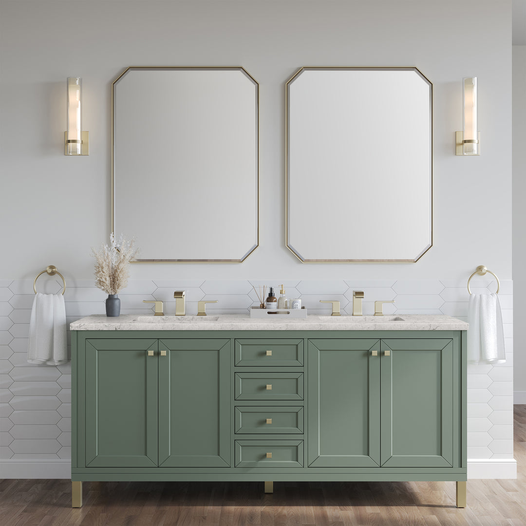Chicago 72" Double Vanity, Smokey Celadon, w/ 3 CM Eternal Jasmine Pearl Silestone Top w/ FreePower Wireless Charger