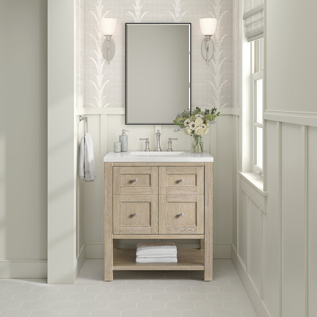 Breckenridge 30" Single Vanity, Whitewashed Oak w/ 3 CM White Zeus Silestone Top