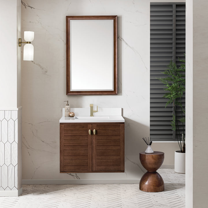 Amberly 30" Single Vanity, Mid-Century Walnut w/ Single Hole 3 CM White Zeus Top & Backsplash