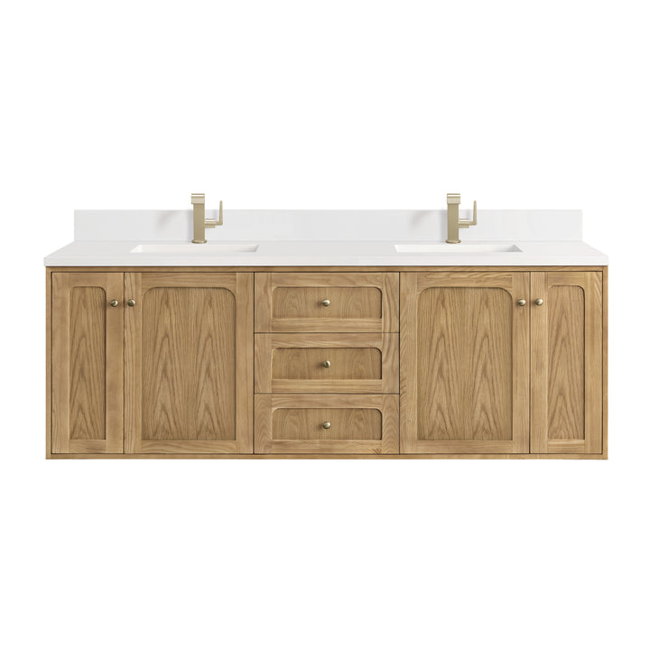 Laurent 72" Double Vanity, Light Natural Oak w/ Single Hole 3 CM White Zeus Top & Backsplash