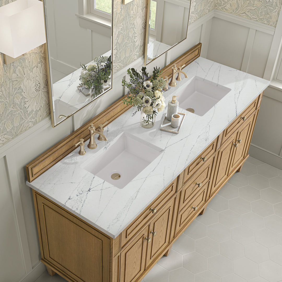 Lorelai 72" Double Vanity, Light Natural Oak w/ 3 CM Ethereal Noctis Silestone Top