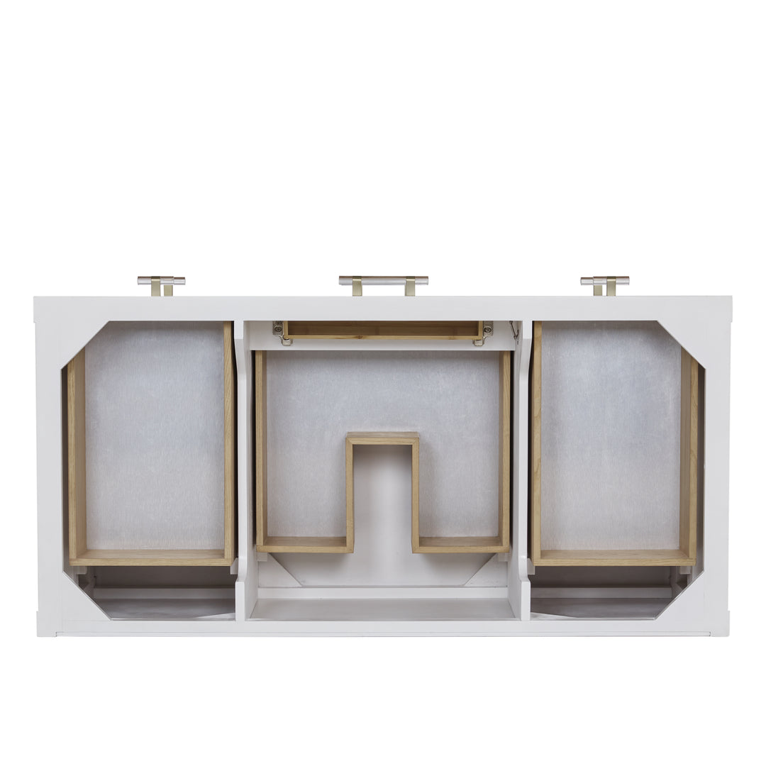 Olena 48" Single Vanity, Light Mappa Burl and Polished White w/ Single Hole 3 CM White Zeus Silestone Top & Backsplash