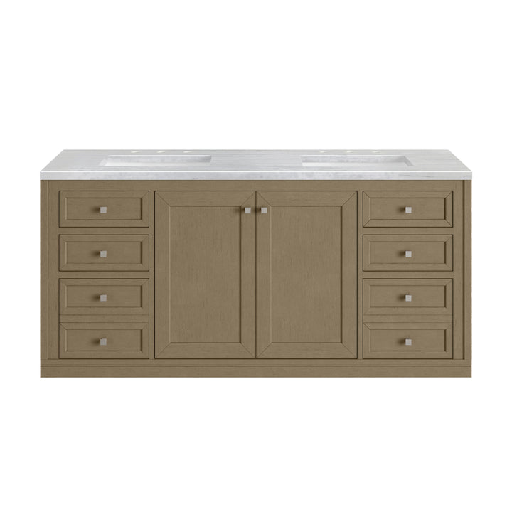 Chicago 60" Double Vanity, Walnut Whisper, w/ 3 CM Arctic Fall Solid Surface Top