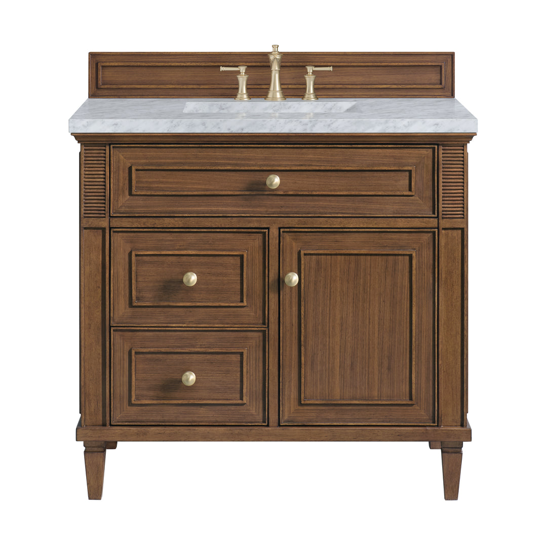 Lorelai 36" Single Vanity, Mid-Century Walnut w/ 3 CM Carrara White Marble Top