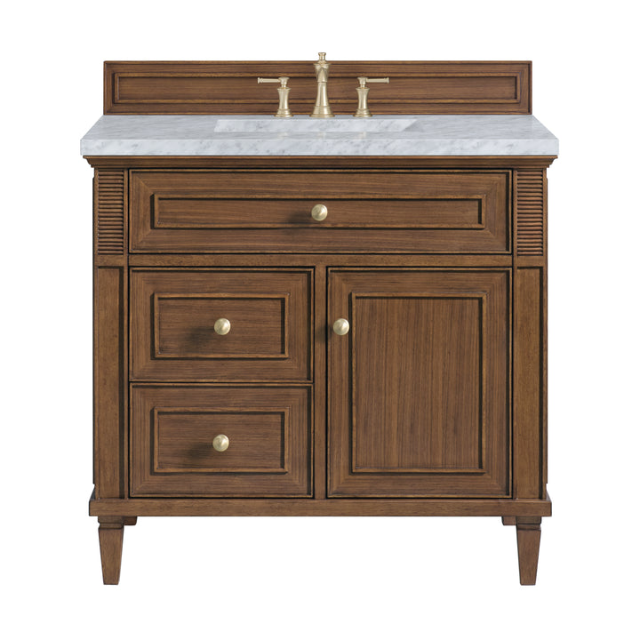 Lorelai 36" Single Vanity, Mid-Century Walnut w/ 3 CM Carrara White Marble Top
