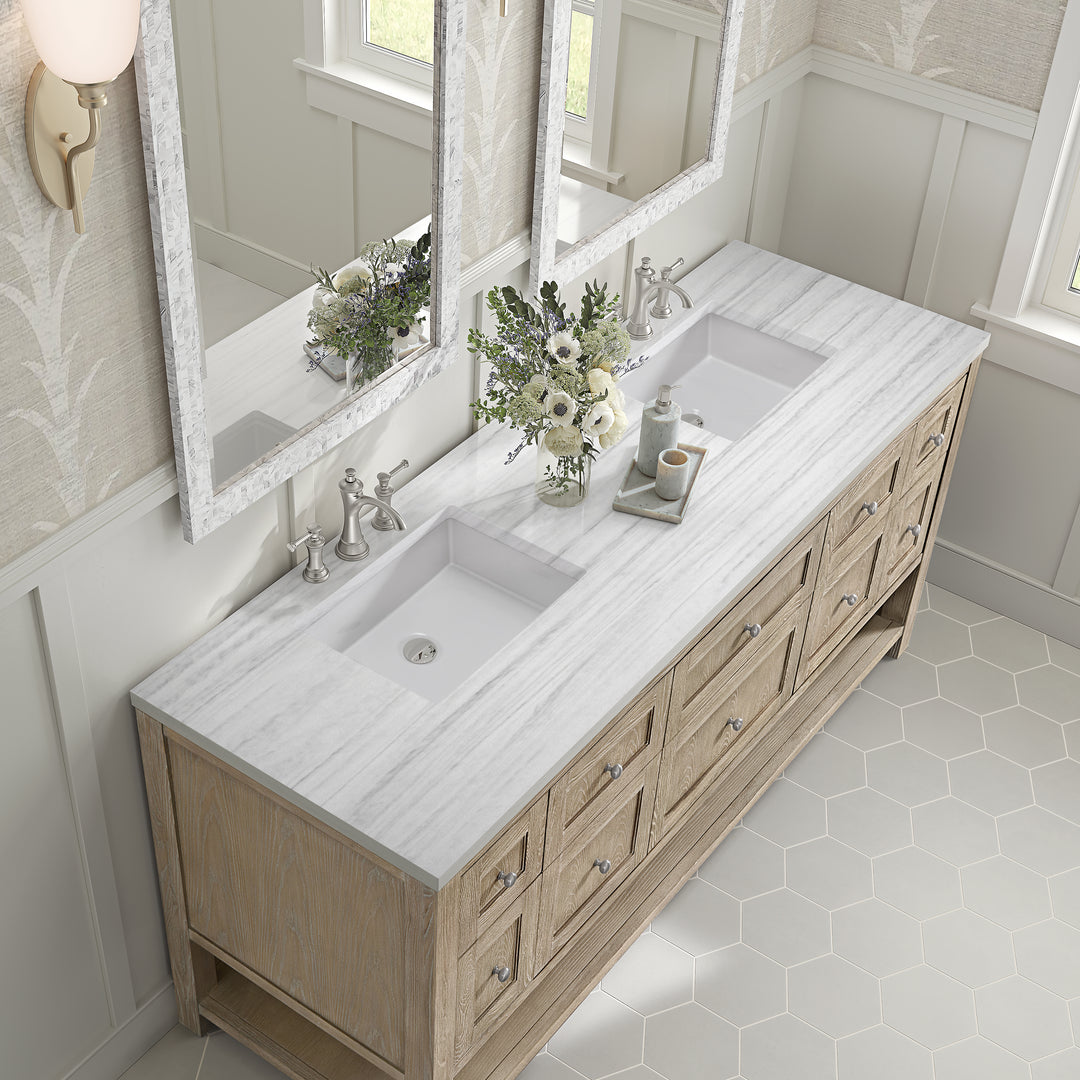 Breckenridge 72" Double Vanity, Whitewashed Oak w/ 3 CM White Zeus Silestone Top