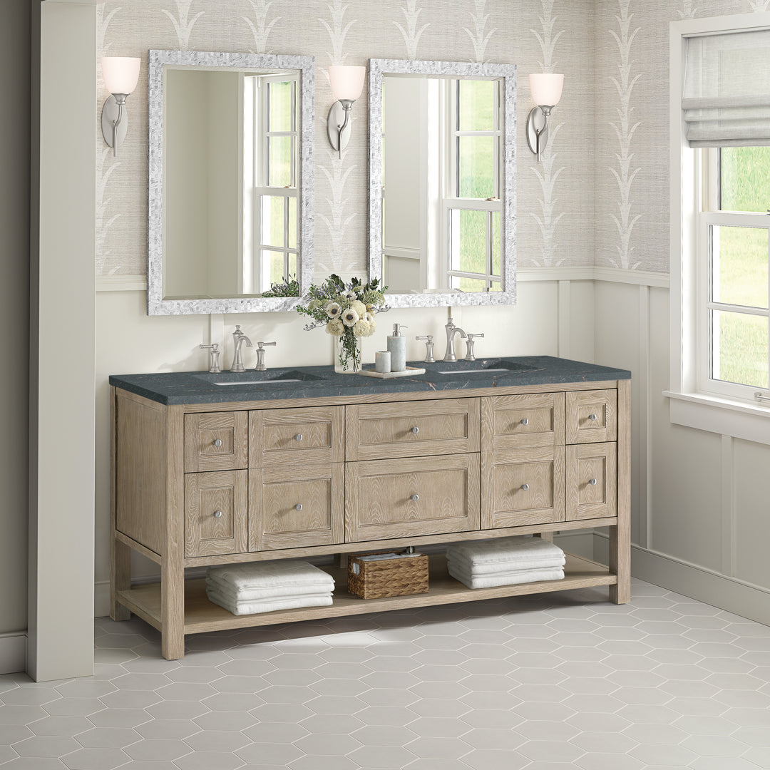 Breckenridge 72" Double Vanity, Whitewashed Oak w/ 3 CM Parisien Bleu Silestone Top