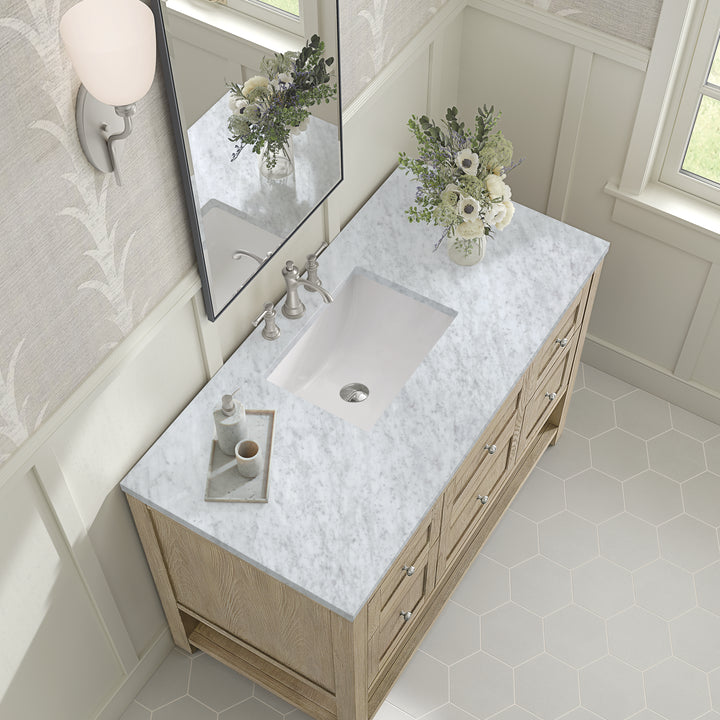 Breckenridge 48" Single Vanity, Whitewashed Oak w/ 3 CM Carrara White Marble Top