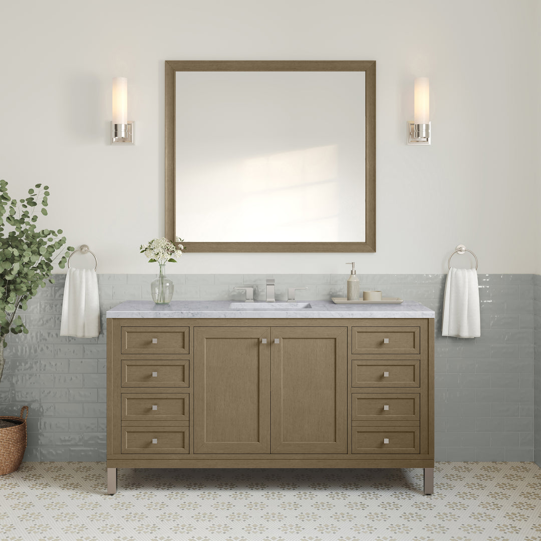 Chicago 60" Single Vanity, Walnut Whisper, w/ 3 CM Carrara Marble Top