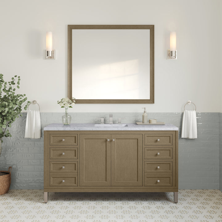 Chicago 60" Single Vanity, Walnut Whisper, w/ 3 CM Carrara Marble Top