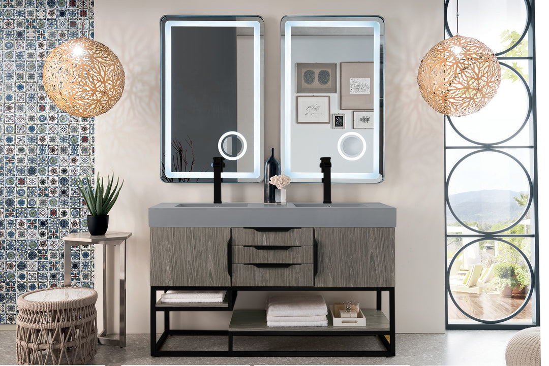 Columbia 59" Double Vanity, Ash Gray, Matte Black w/ Dusk Grey Glossy Composite Stone Top
