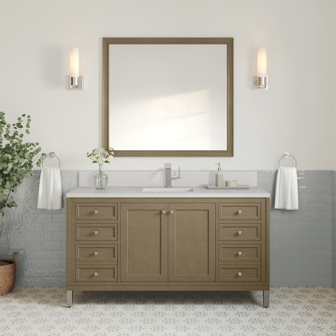 Chicago 60" Single Vanity, Walnut Whisper, w/ Single Hole 3CM White Zeus Silestone® Top & Backsplash