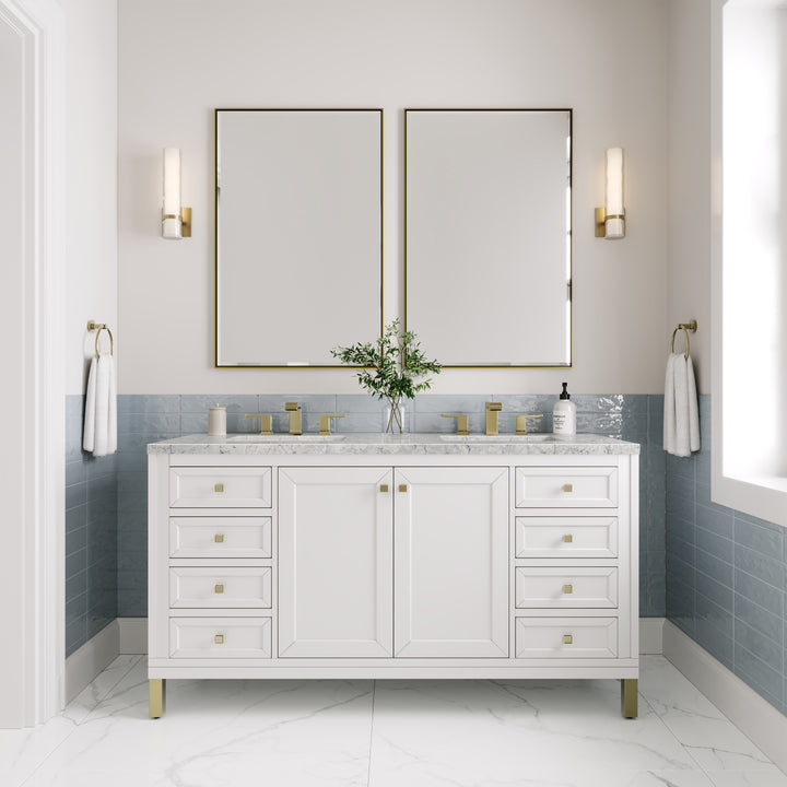 Chicago 60" Double Vanity, Glossy White, w/ 3 CM Eternal Jasmine Pearl Silestone® Top