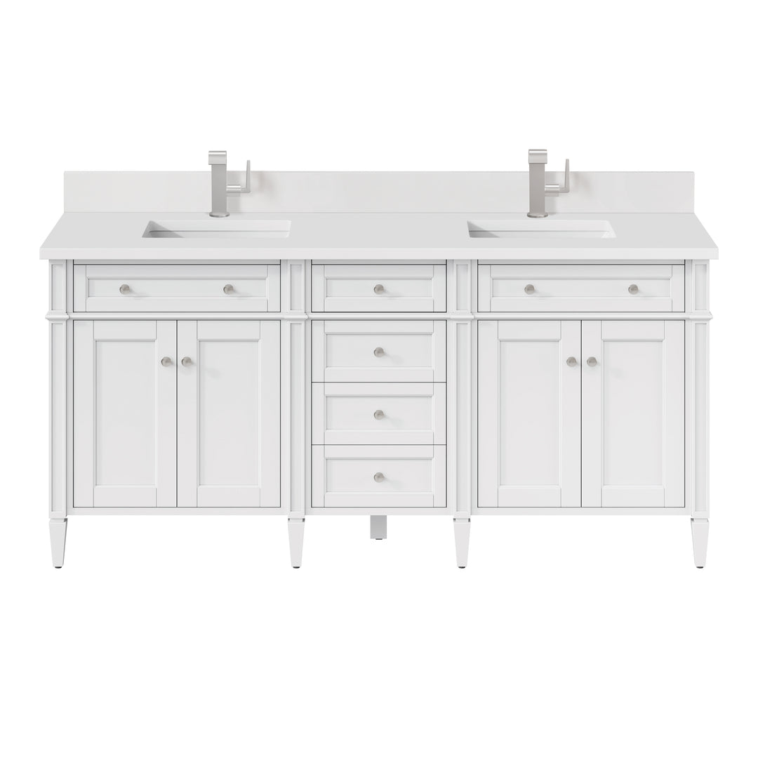 Brittany 72" Double Vanity, Bright White Vanity w/ Single Hole 3 CM White Zeus Silestone Top & Backsplash