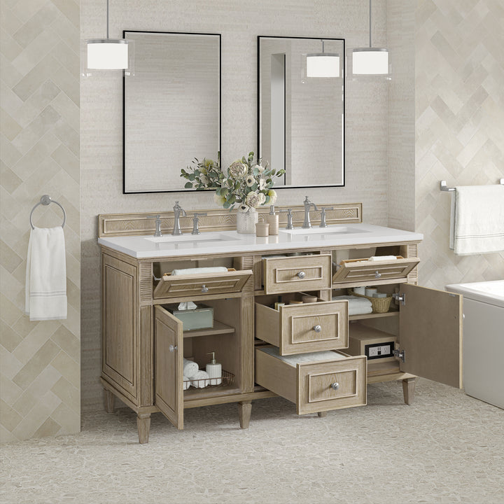 Lorelai 60" Double Vanity, Whitewashed Oak w/ 3 CM White Zeus Silestone Top