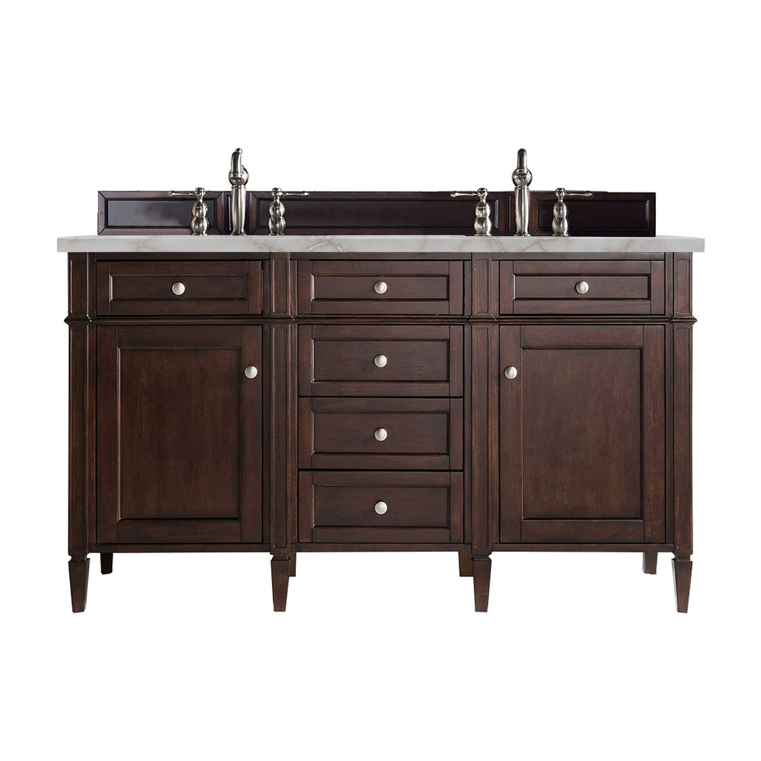 Brittany 60" Double Vanity, Burnished Mahogany w/ 3 CM Victorian Silver Silestone Top w/FreePower Wireless Charger