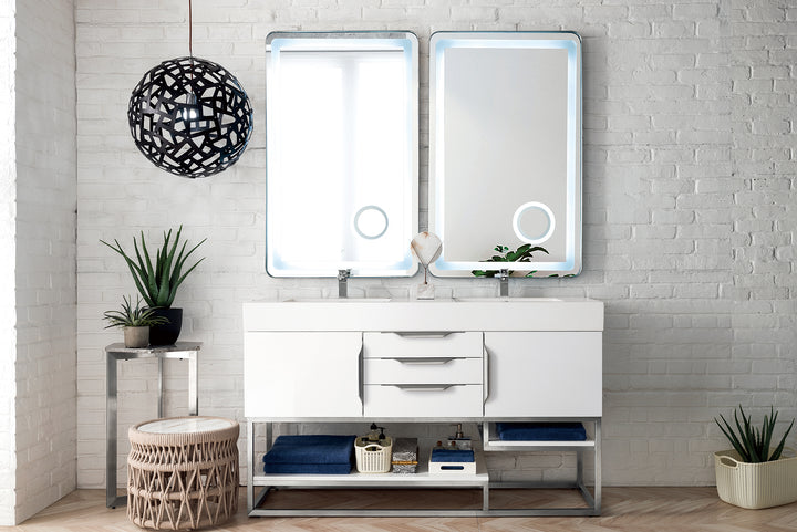 Columbia 59" Double Vanity, Glossy White, Brushed Nickel  w/ Glossy White Composite Stone Top