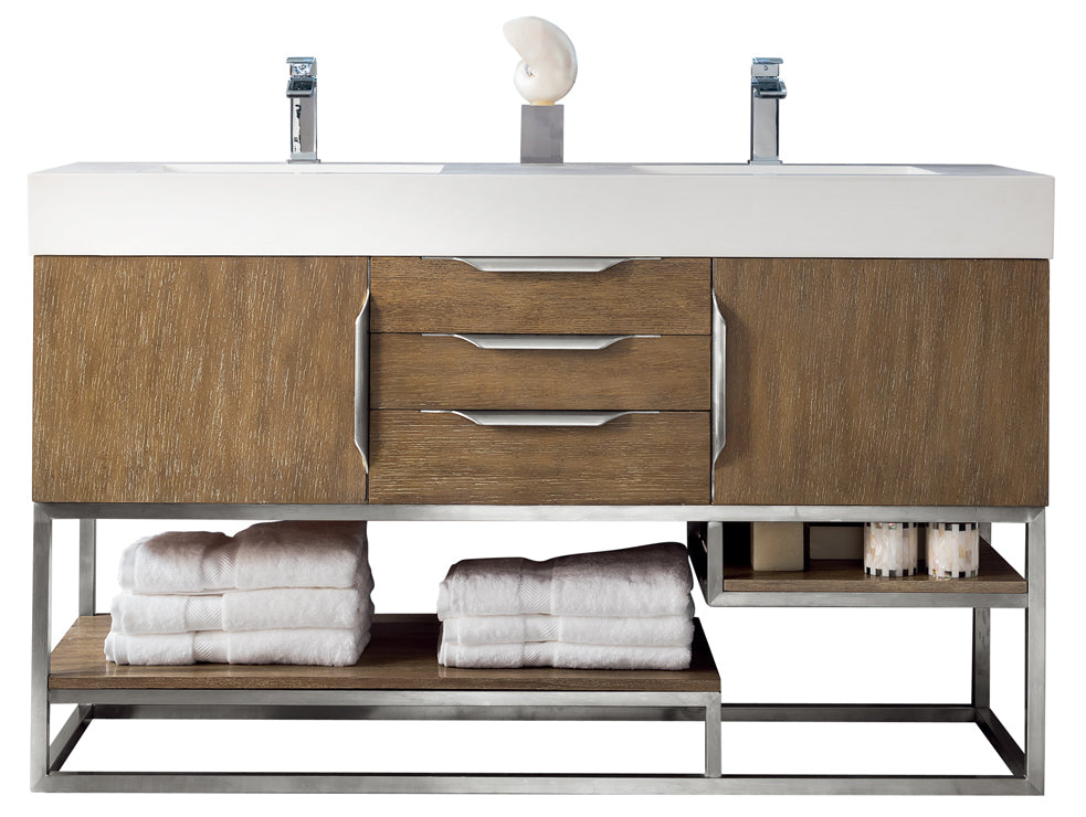 Columbia 59" Double Vanity, Latte Oak, Brushed Nickel w/ Glossy White Composite Stone Top