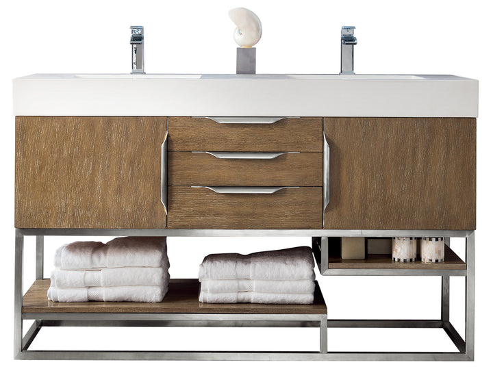 Columbia 59" Double Vanity, Latte Oak, Brushed Nickel w/ Glossy White Composite Stone Top