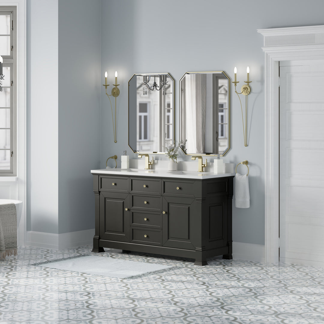 Brookfield 60" Double Vanity, Black Onyx w/ Single Hole 3CM White Zeus Silestone® Top & Backsplash