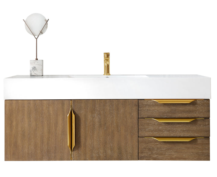 Columbia 48" Single Wall Mount Vanity, Latte Oak, Radiant Gold w/ Glossy White Composite Stone Top