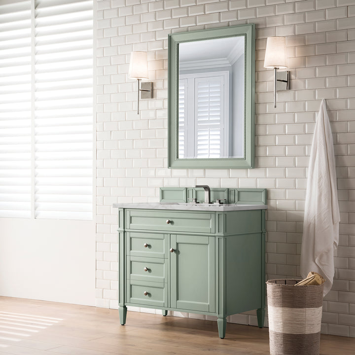 Brittany 36" Single Vanity, Sage Green w/ 3 CM Victorian Silver Silestone Top
