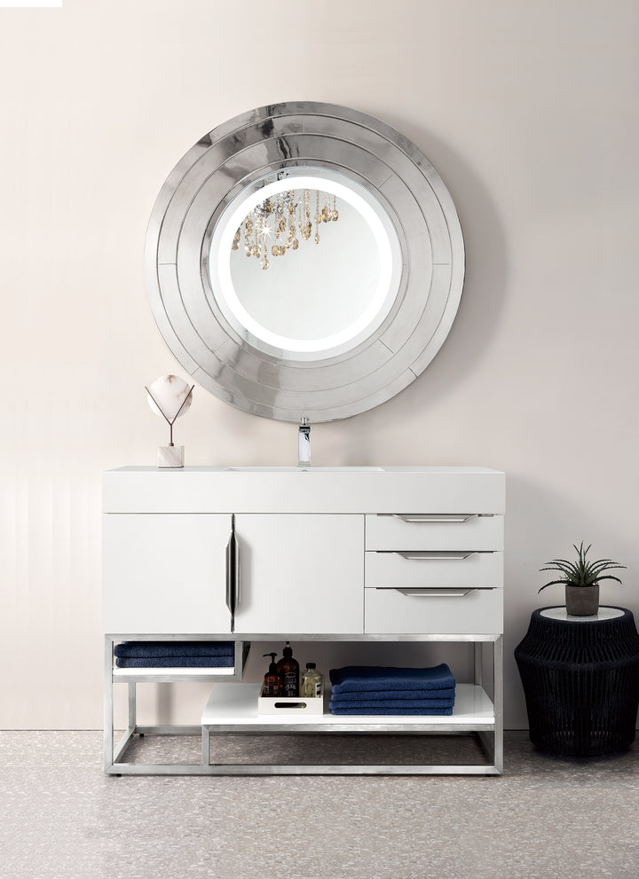 Columbia 48" Single Vanity, Glossy White, Brushed Nickel w/ Glossy White Composite Stone Top