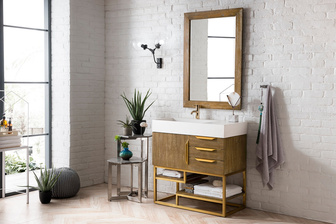 Columbia 36" Single Vanity, Latte Oak, Radiant Gold w/ Glossy White Composite Stone Top