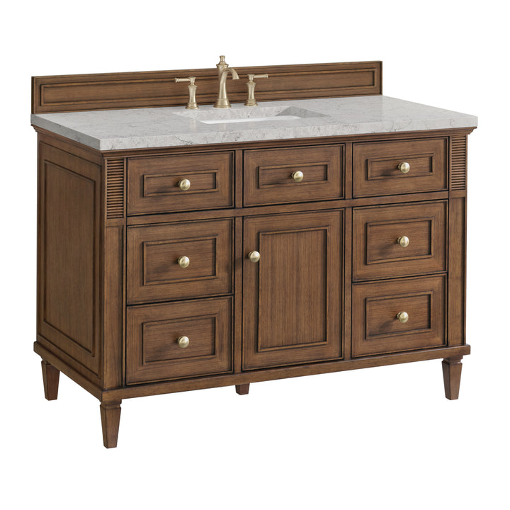 Lorelai 48" Single Vanity, Mid-Century Walnut w/ 3 CM Eternal Jasmine Pearl Silestone Top w/FreePower Wireless Charger