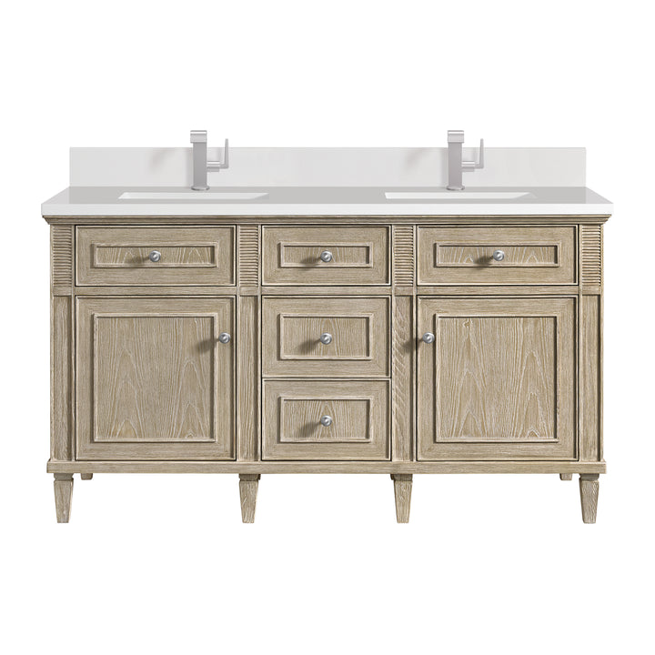 Lorelai 60" Double Vanity, Whitewashed Oak w/ Single Hole 3 CM White Zeus Silestone Top & Backsplash