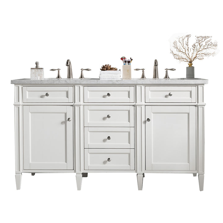 Brittany 60" Double Vanity, Bright White Vanity w/ 3 CM Arctic Fall Solid Surface Top