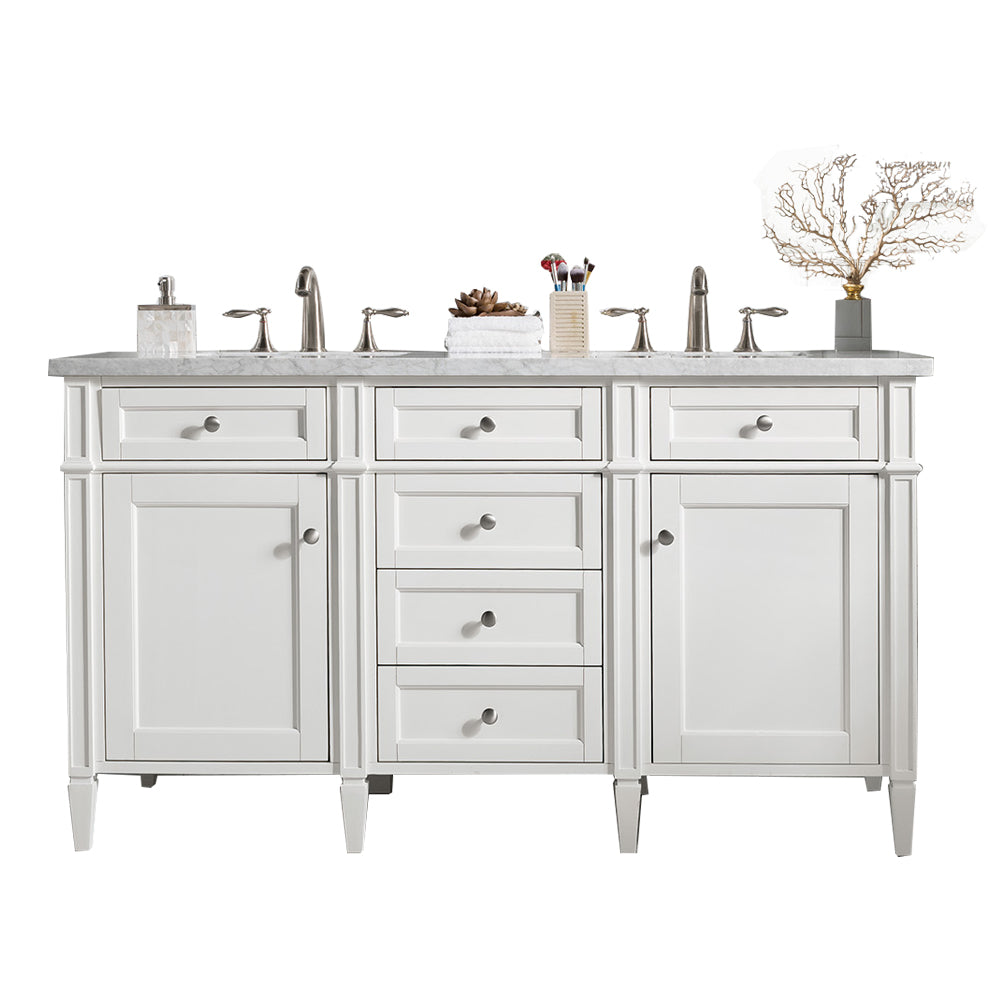 Brittany 60" Double Vanity, Bright White Vanity w/ 3 CM Carrara Marble Top