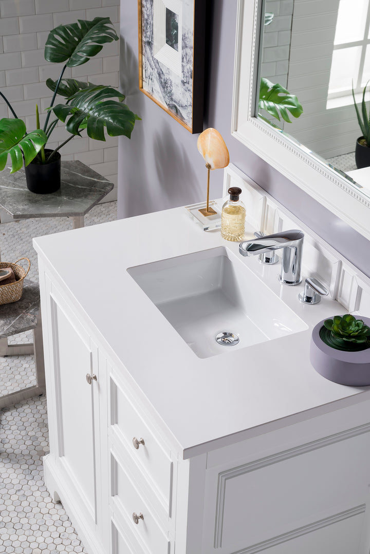De Soto 36" Single Vanity, Bright White w/ 3 CM White Zeus Silestone Top