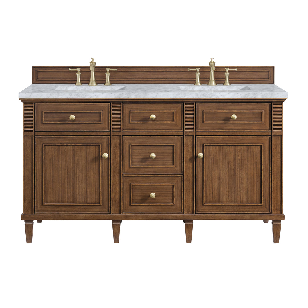 Lorelai 60" Double Vanity, Mid-Century Walnut w/ 3 CM Carrara White Marble Top
