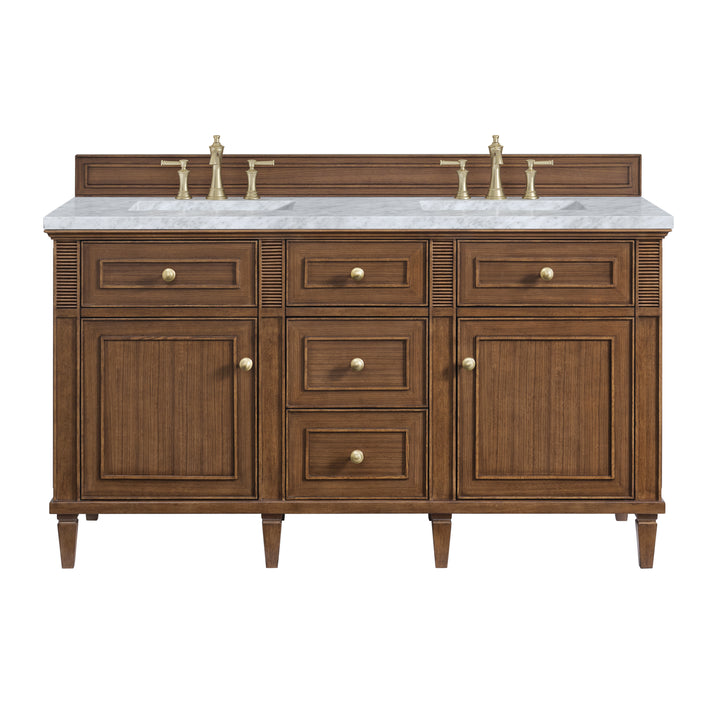 Lorelai 60" Double Vanity, Mid-Century Walnut w/ 3 CM Carrara White Marble Top