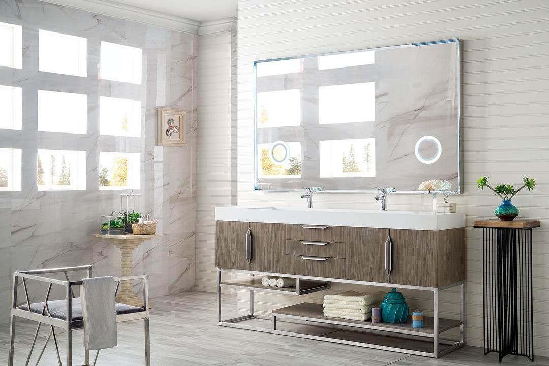 Columbia 72" Double Vanity, Ash Gray, Brushed Nickel w/ Glossy White Composite Stone Top