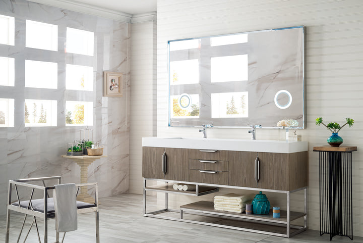 Columbia 72" Double Vanity, Ash Gray, Brushed Nickel w/ Glossy White Composite Stone Top