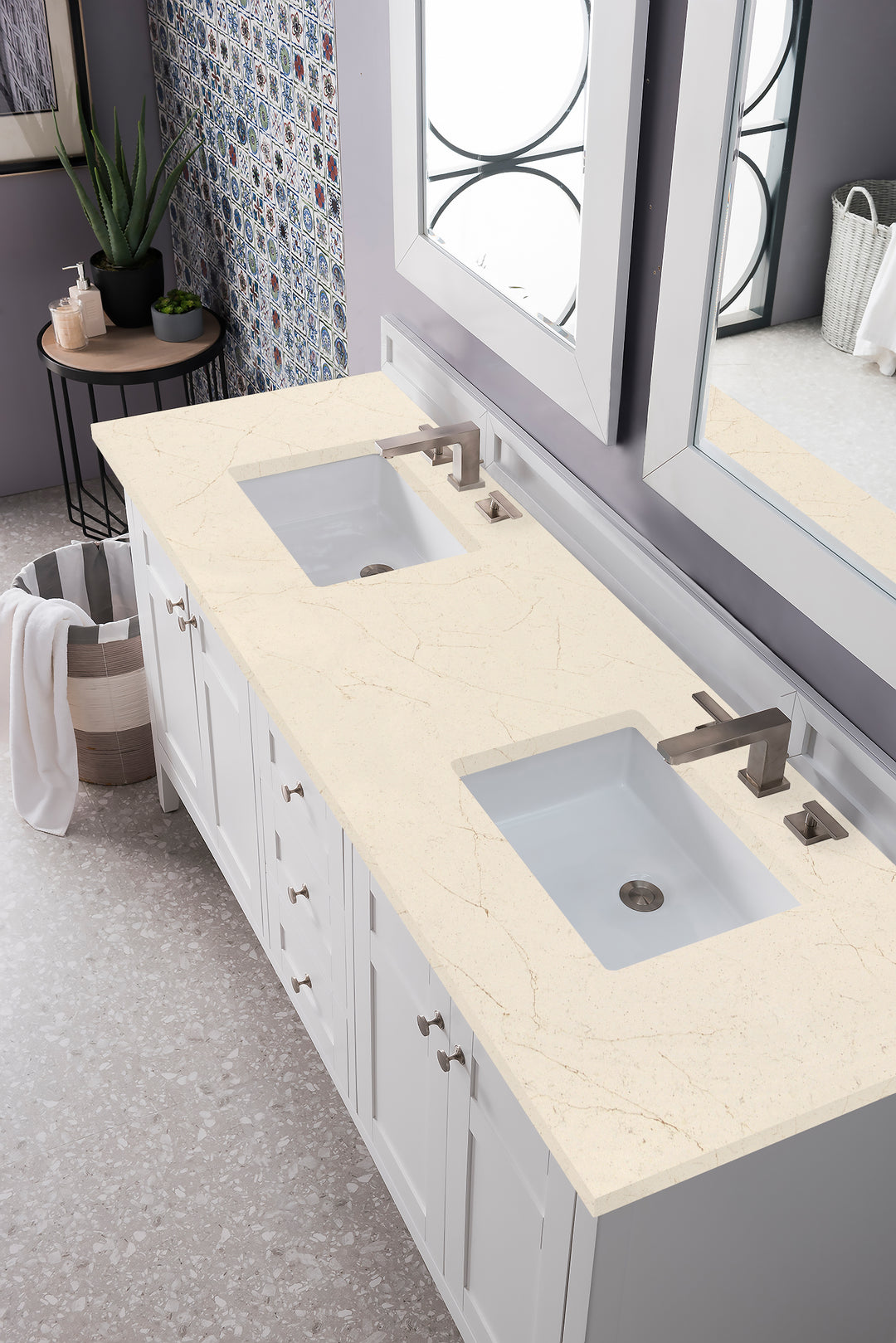 Palisades 72" Double Vanity, Bright White w/ 3 CM Eternal Marfil Silestone Top