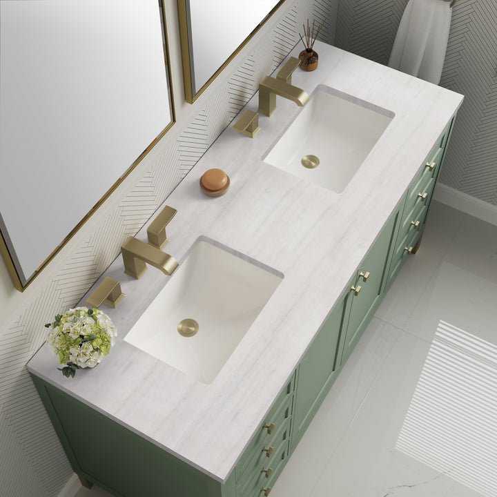 Chicago 60" Double Vanity, Smokey Celadon, w/ 3 CM Arctic Fall Solid Surface Top
