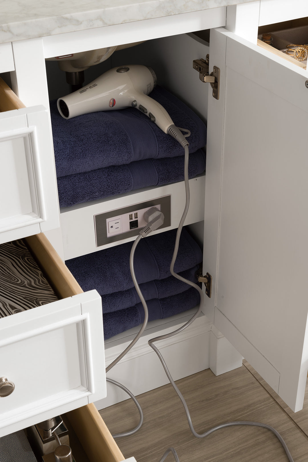 De Soto 118" Double Vanity Set, Bright White w/ 3 CM Carrara Marble Top