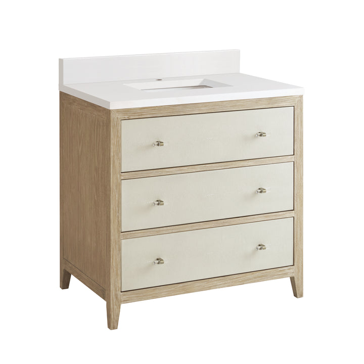Celeste 36" Single Vanity, Sunwashed Oak with Embossed Shagreen w/ Single Hole 3 CM White Zeus Silestone Top & Backsplash