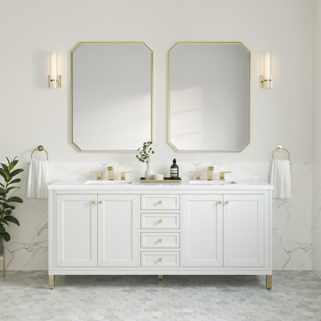 Chicago 72" Double Vanity, Glossy White, w/ 3 CM White Zeus Silestone® Top