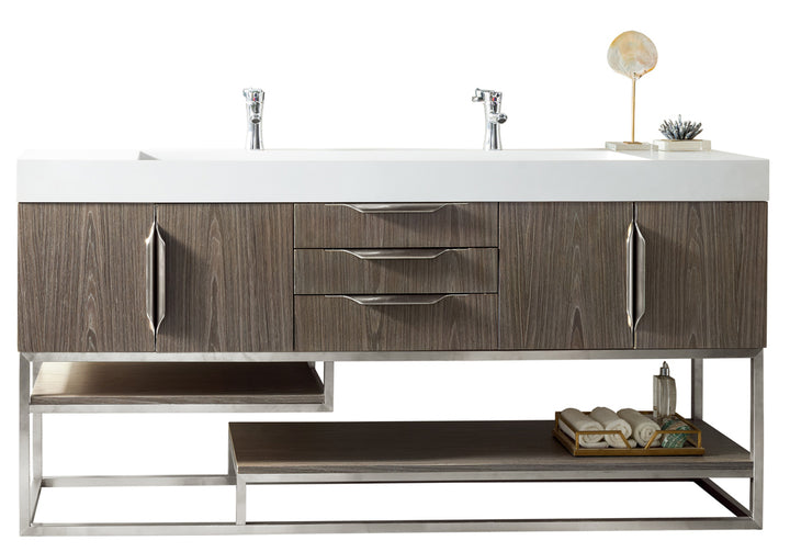 Columbia 72" Double Vanity, Ash Gray, Brushed Nickel w/ Glossy White Composite Stone Top