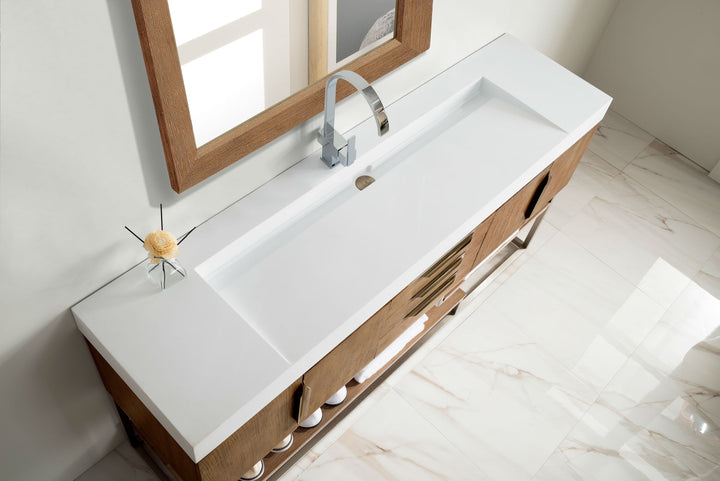 Columbia 72" Single Vanity, Latte Oak, Brushed Nickel w/ Glossy White Composite Stone Top