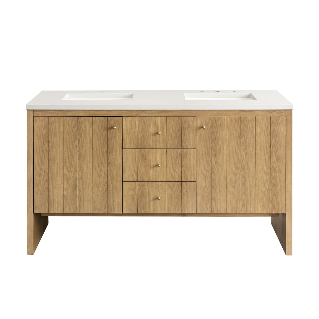 Hudson 60" Double Vanity, Light Natural Oak w/ 3 CM White Zeus Top