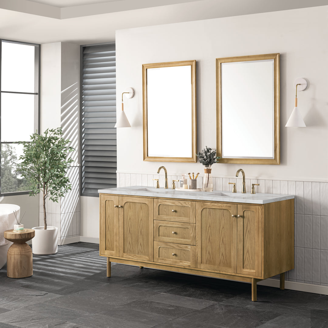 Laurent 72" Double Vanity, Light Natural Oak w/ 3 CM Victorian Silver Top w/FreePower Wireless Charger