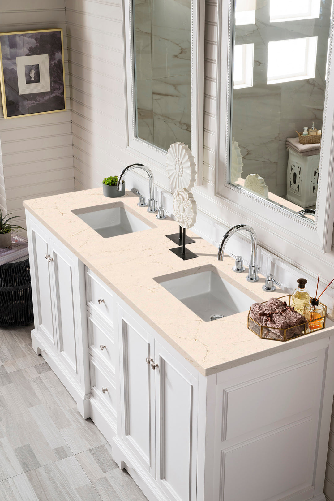 De Soto 72" Double Vanity, Bright White w/ 3 CM Eternal Marfil Silestone Top