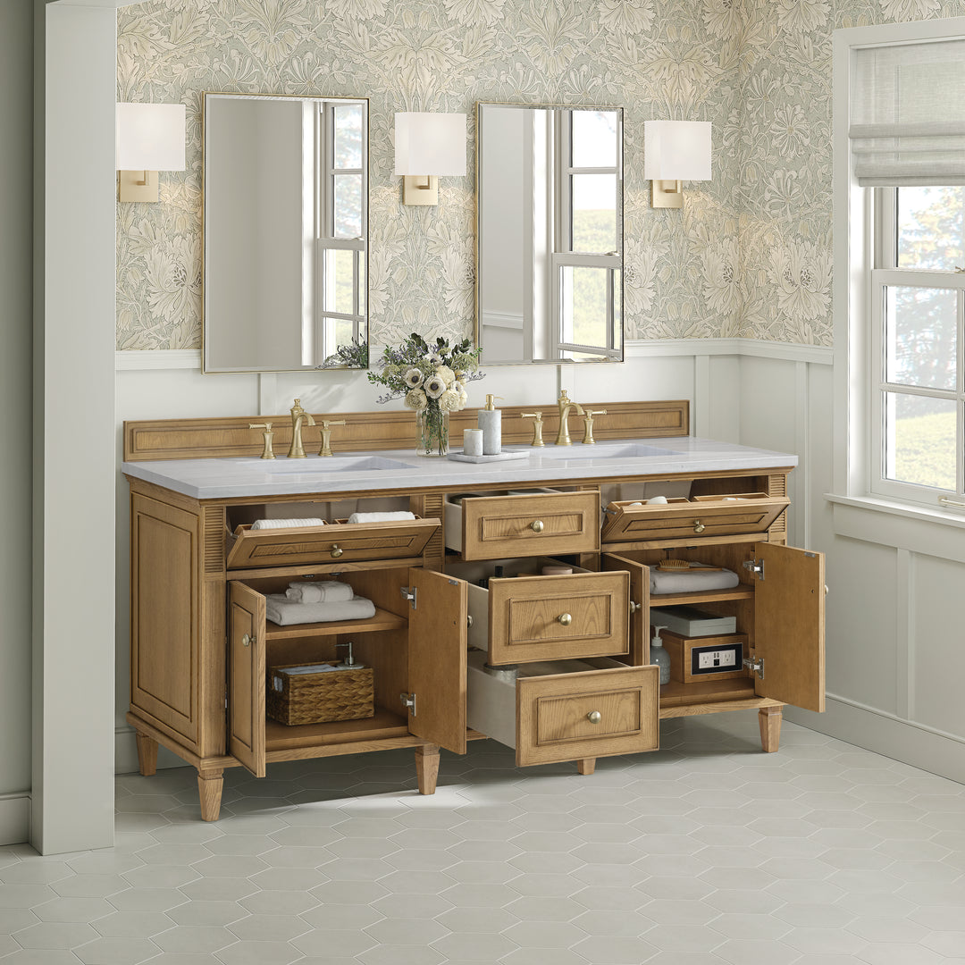 Lorelai 72" Double Vanity, Light Natural Oak w/ 3 CM Arctic Fall Solid Surface Top