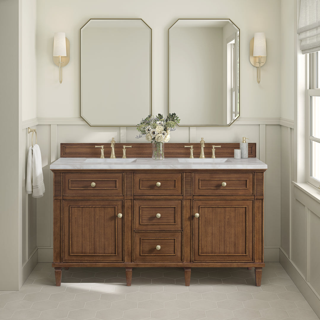Lorelai 60" Double Vanity, Mid-Century Walnut w/ 3 CM Victorian Silver Silestone Top
